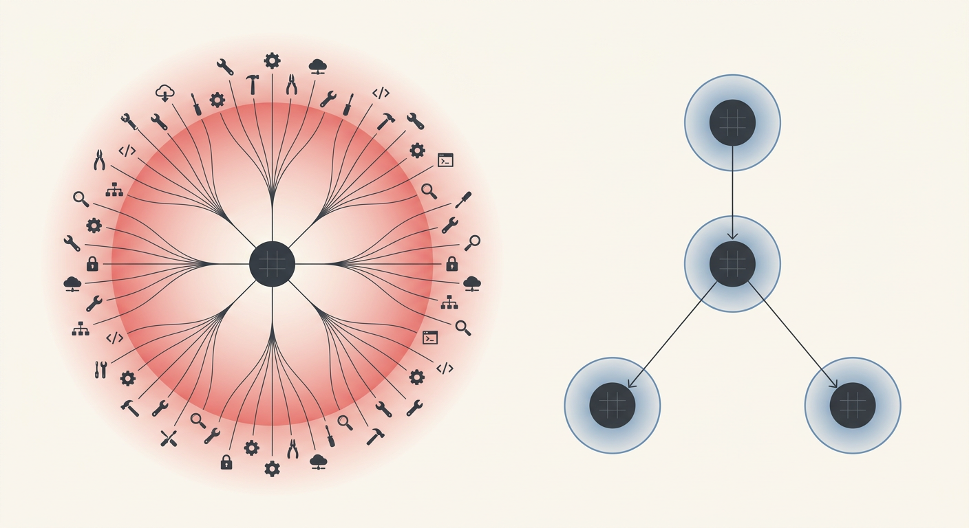 One agent holding every tool, next to three agents passing structured output down a chain